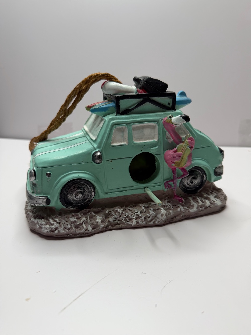 Mint Green Beach Bug Car Birdhouse with Pink Flamingo